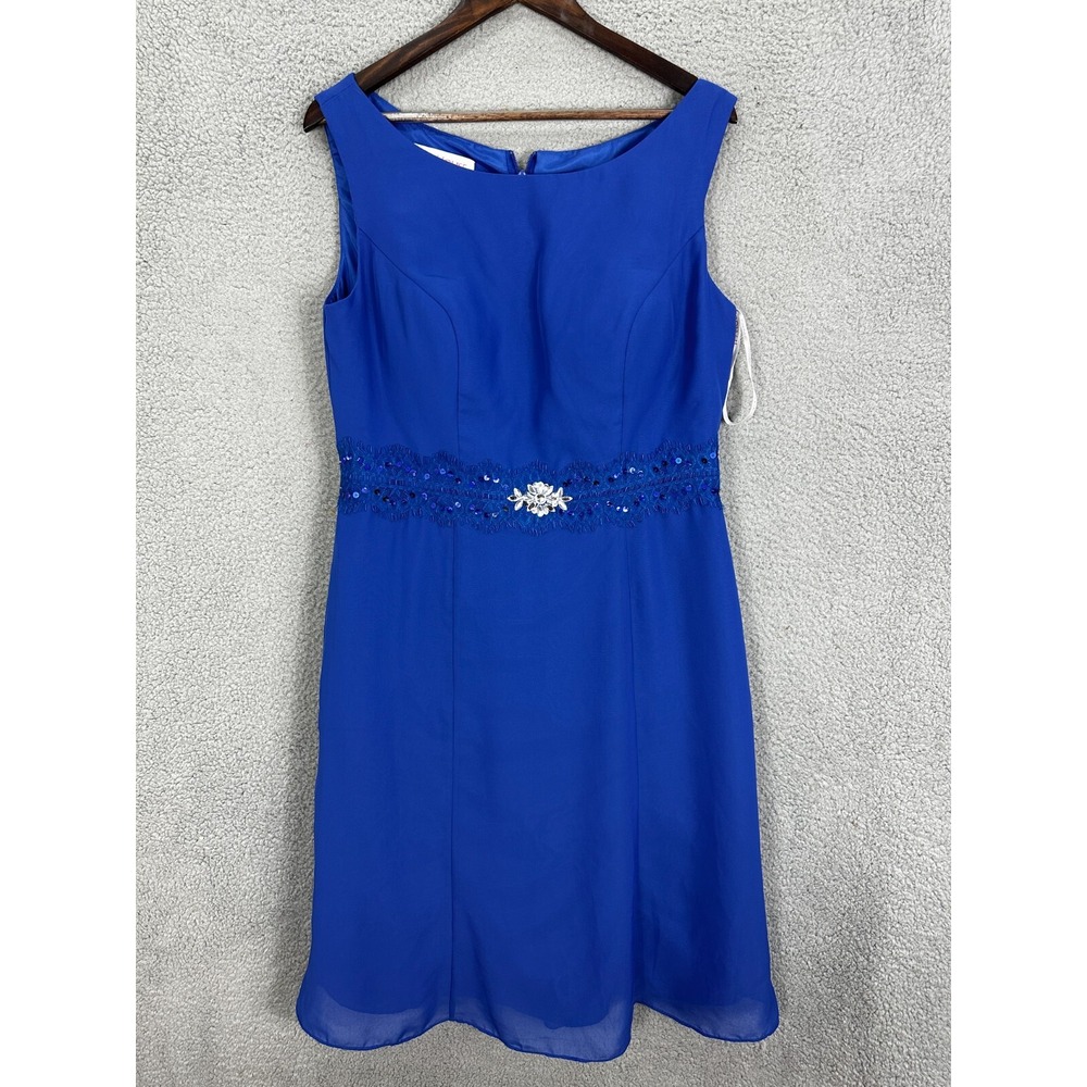 JJ's House Cocktail Dress Women Blue Sequin Lace Waist Rhinestone Brooch Formal
